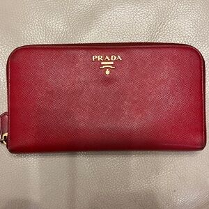 Prada Red Saffiano Zip-around Wallet with Unique Tricolor Interior